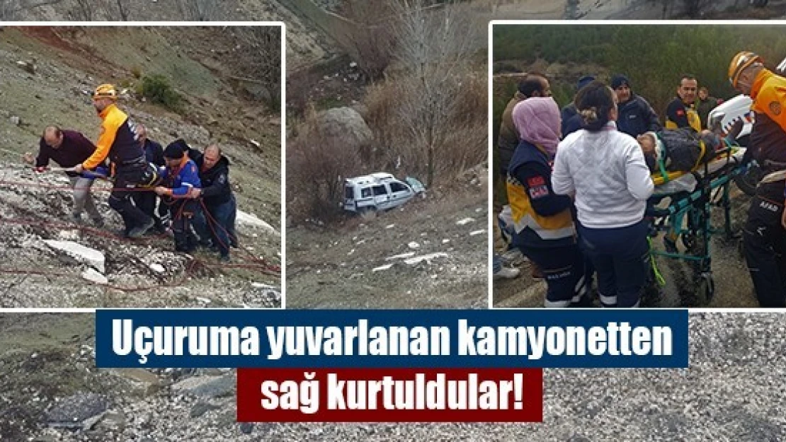 Uçuruma yuvarlanan kamyonetten sağ kurtuldular!