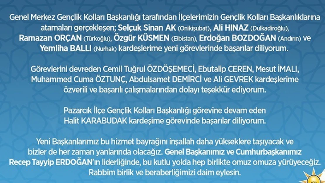 AK Parti İlçe Gençlik Kolları Başkanları belli oldu