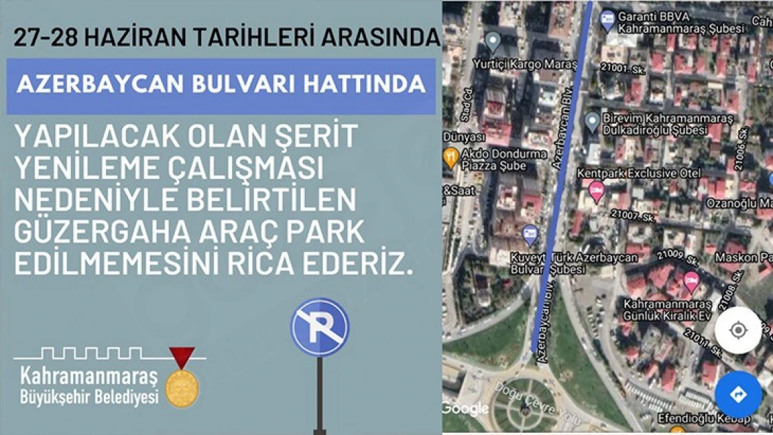 Azerbaycan Bulvarı'nda iki gün boyunca şerit yenileme çalışması yapılacak