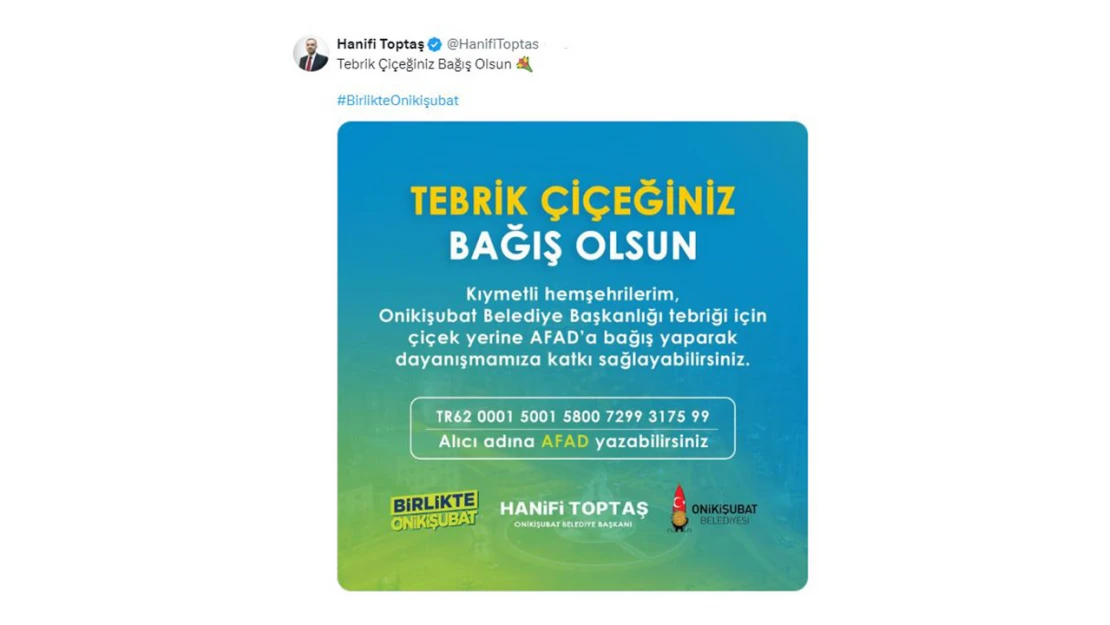 Başkan Toptaş'tan tebrik çiçeğiniz bağış olsun çağrısı