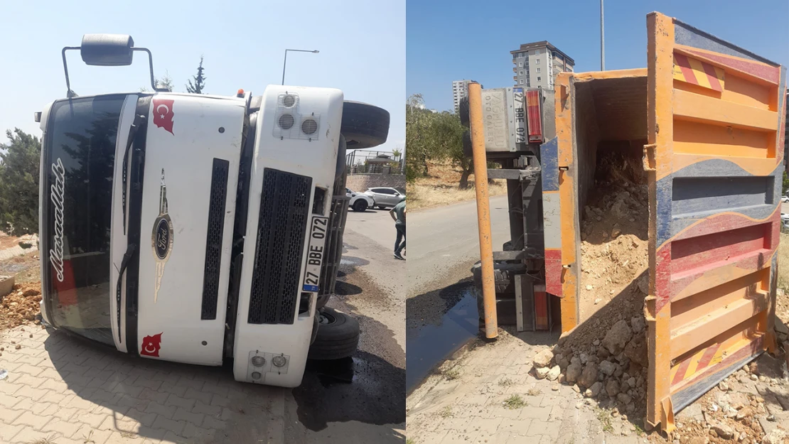 Kahramanmaraş'ta kum yüklü kamyon yan yattı! 1 yaralı