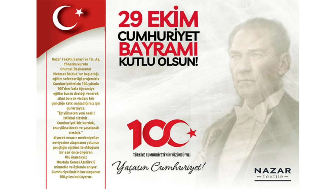 Nazar Tekstil'den Cumhuriyetimizin 100. Yılı mesajı