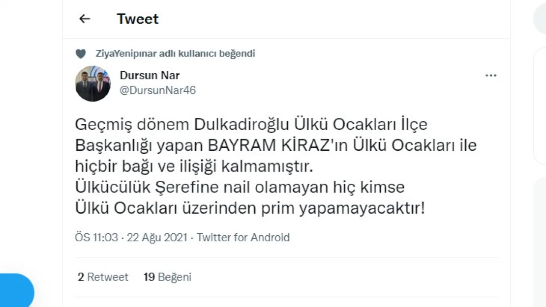 Ülkü Ocakları İl Başkanı Nar: Hiç kimse, Ülkü Ocakları üzerinden prim yapamayacaktır