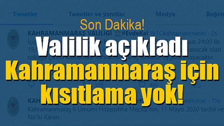 Kahramanmaraş için kısıtlama yok