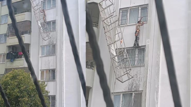 Halatı kopan iskelede asılı kalan işçiyi itfaiye ekipleri kurtardı