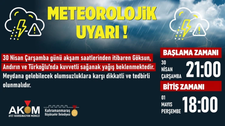 Kahramanmaraş'ın 3 ilçesi için sağanak yağış uyarısı